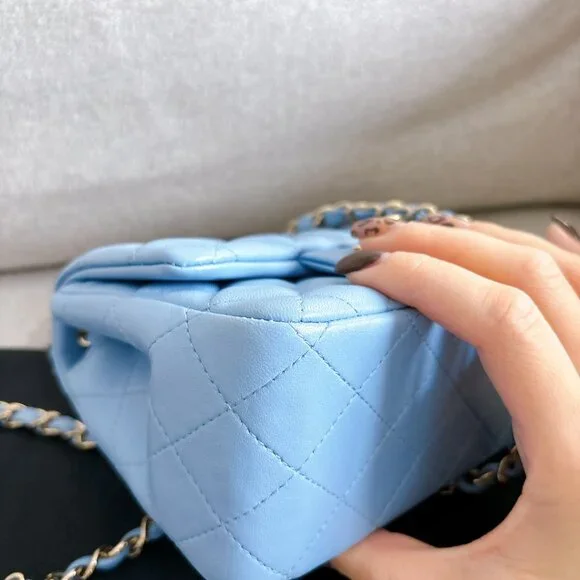 98% NEW CHANEL LAMB SKIN BABY BLUE SQUARE FLAP BAG - Picture 10 of 15
